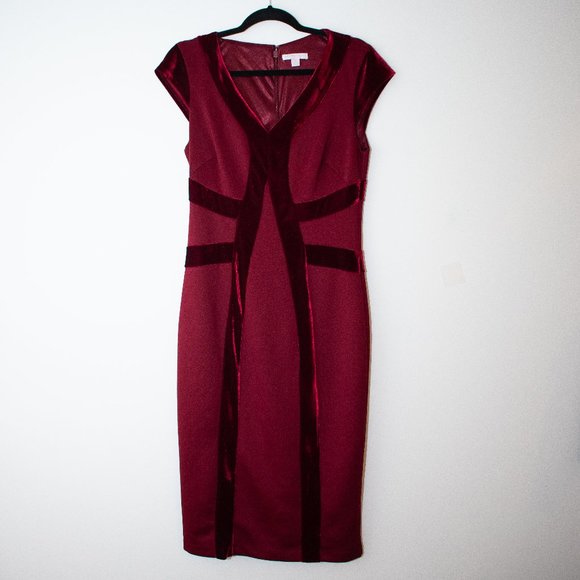 New York & Company Dresses & Skirts - New York and Company Burgundy Faux velvet Midi Stretch Bodycon Dress Siz…